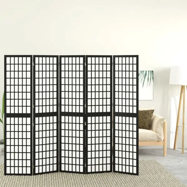 Gossi paravan pliabil cu 5 panouri, stil japonez, negru, 200x170 cm