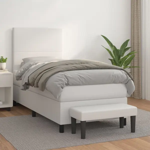 Gossi pat box spring cu saltea, alb, 100x200 cm, piele ecologica