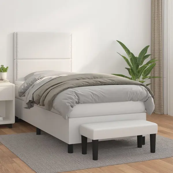 Gossi pat box spring cu saltea, alb, 100x200 cm, piele ecologica