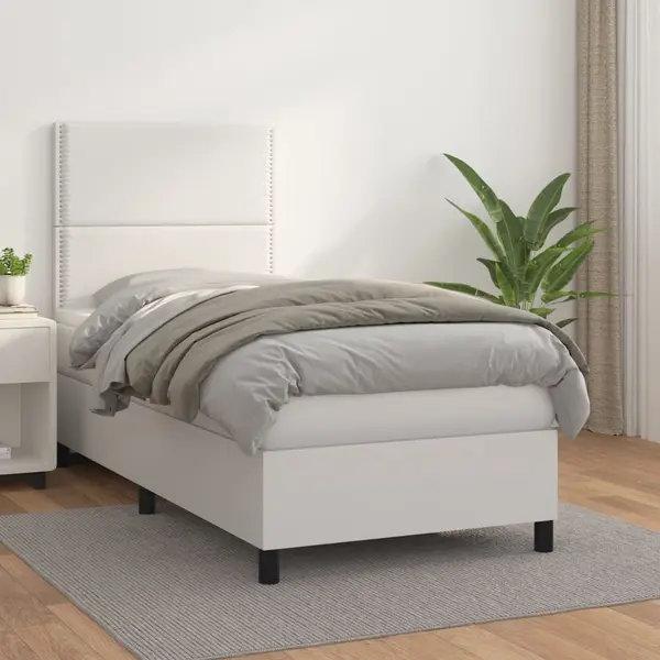 Gossi pat box spring cu saltea, alb, 100x200 cm, piele ecologica
