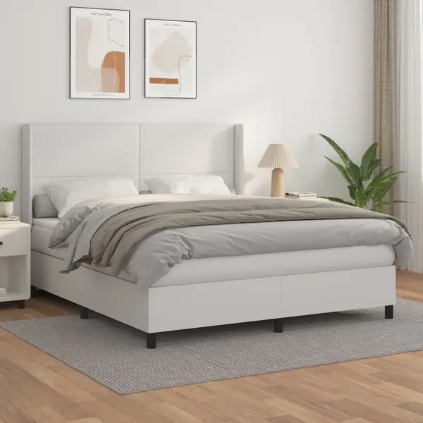 Gossi pat box spring cu saltea, alb, 160x200 cm, piele ecologica