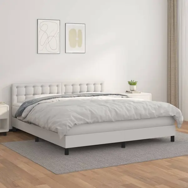Gossi pat box spring cu saltea, alb, 160x200 cm, piele ecologica