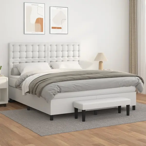 Gossi pat box spring cu saltea, alb, 160x200 cm, piele ecologica