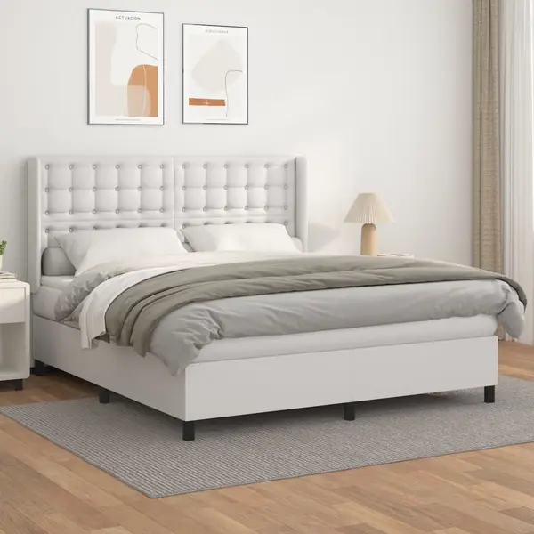 Gossi pat box spring cu saltea, alb, 160x200 cm, piele ecologica