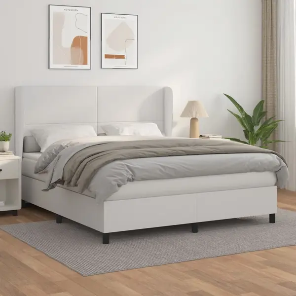 Gossi pat box spring cu saltea, alb, 160x200 cm, piele ecologica