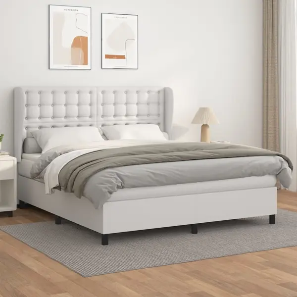 Gossi pat box spring cu saltea, alb, 160x200 cm, piele ecologica
