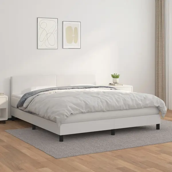 Gossi pat box spring cu saltea, alb, 160x200 cm, piele ecologica