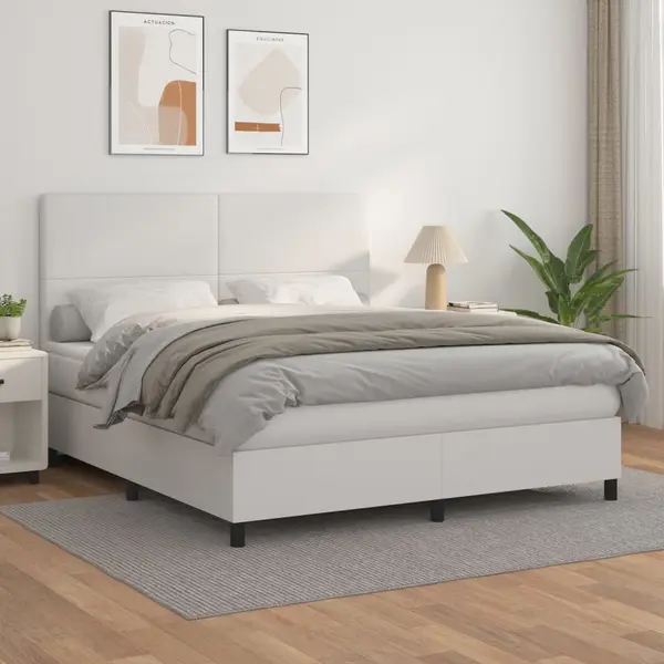 Gossi pat box spring cu saltea, alb, 160x200 cm, piele ecologica