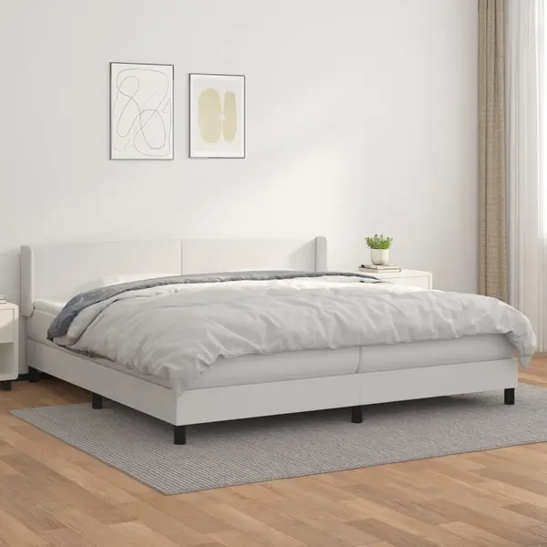 Gossi pat box spring cu saltea, alb, 200x200 cm, piele ecologica