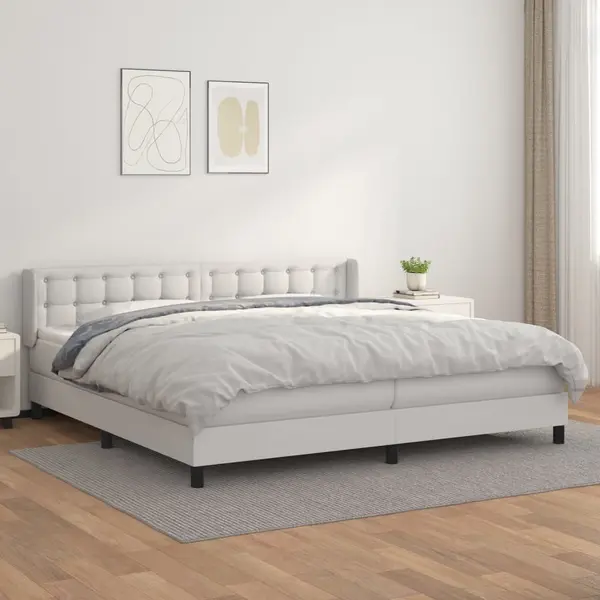 Gossi pat box spring cu saltea, alb, 200x200 cm, piele ecologica