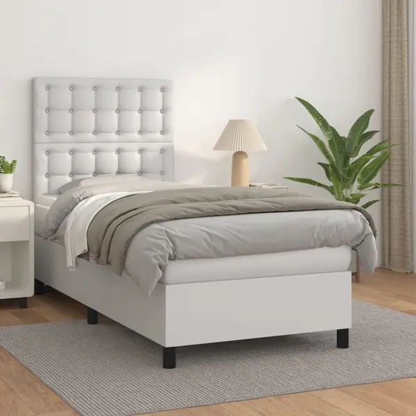 Gossi pat box spring cu saltea, alb, 80x200 cm, piele ecologica