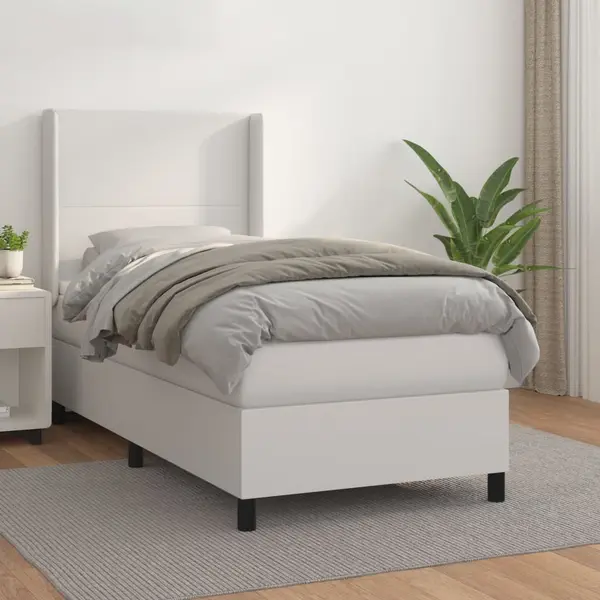 Gossi pat box spring cu saltea, alb, 90x190 cm, piele ecologica