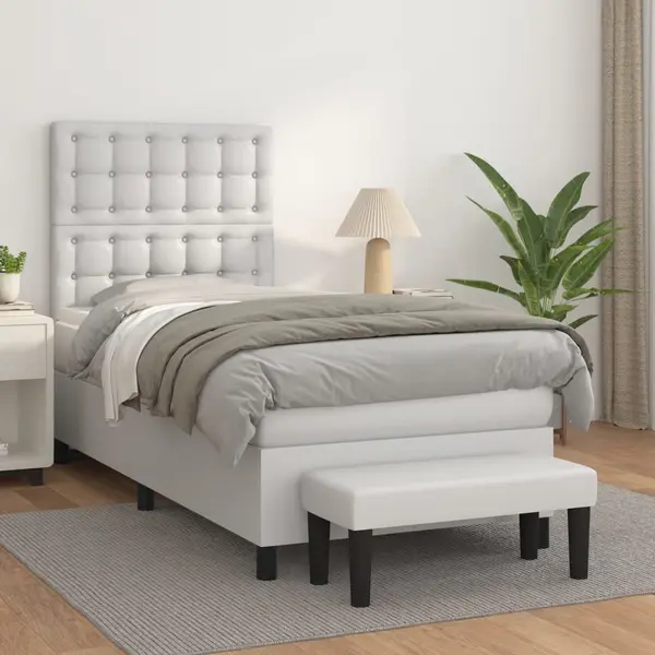Gossi pat box spring cu saltea, alb, 90x190 cm, piele ecologica
