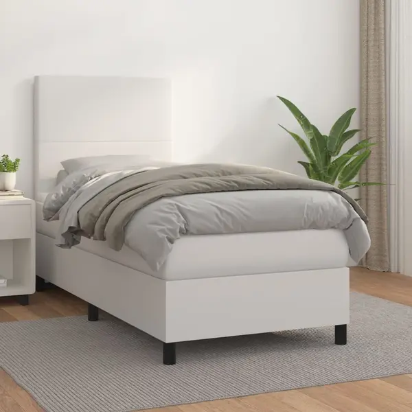 Gossi pat box spring cu saltea, alb, 90x200 cm, piele ecologica