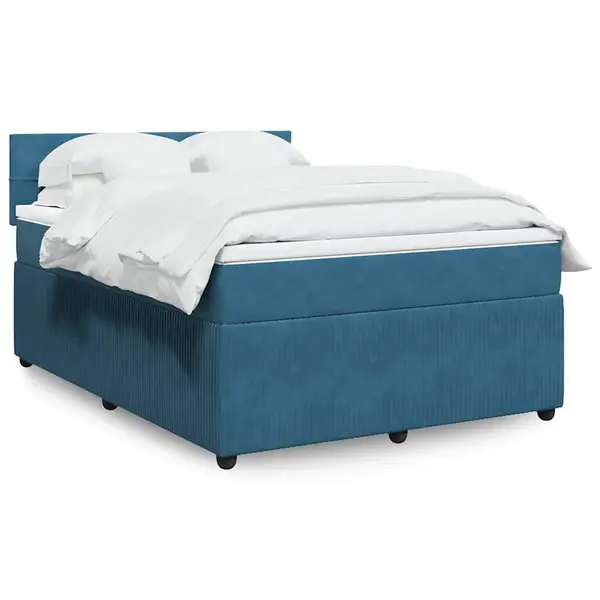 Gossi pat box spring cu saltea, albastru, 140x200 cm, catifea