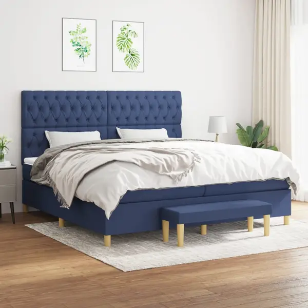 Gossi pat box spring cu saltea, albastru, 200x200 cm, textil