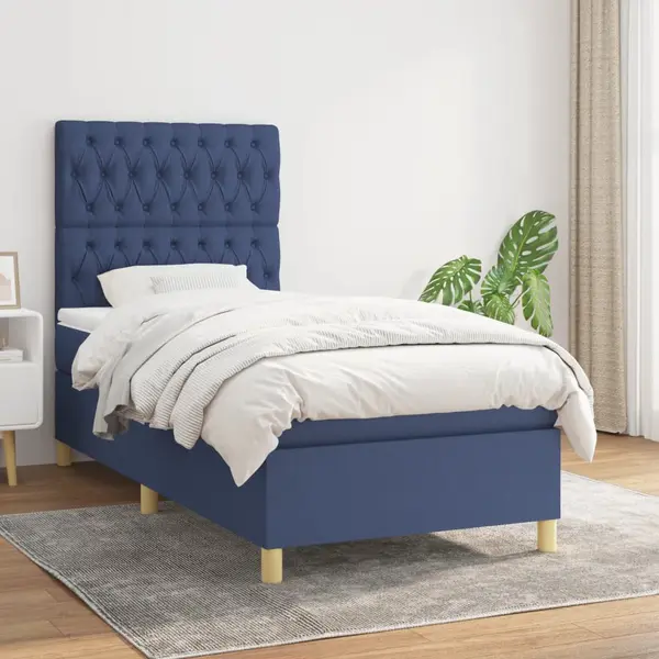 Gossi pat box spring cu saltea, albastru, 90x190 cm, textil