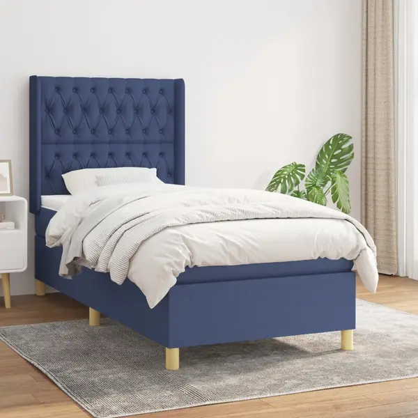 Gossi pat box spring cu saltea, albastru, 90x190 cm, textil