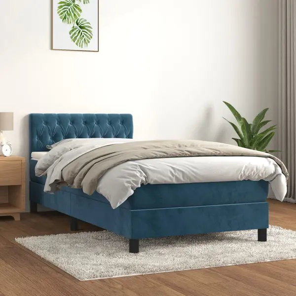 Gossi pat box spring cu saltea, albastru inchis, 100x200 cm, catifea