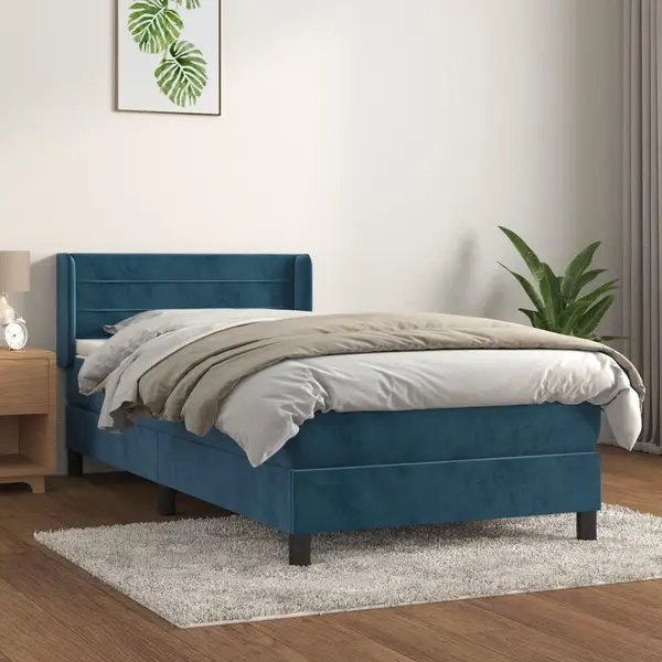 Gossi pat box spring cu saltea, albastru inchis, 100x200 cm, catifea