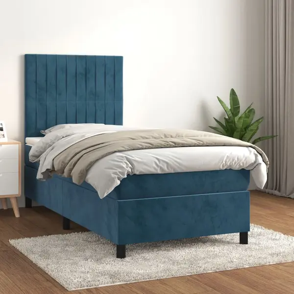 Gossi pat box spring cu saltea, albastru inchis, 100x200 cm, catifea