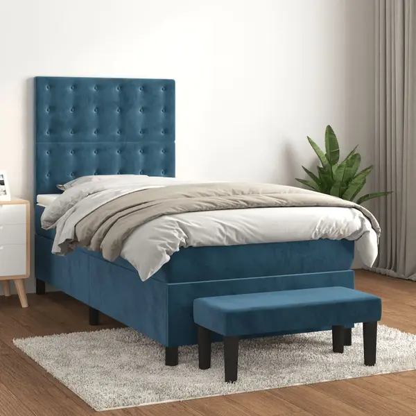 Gossi pat box spring cu saltea, albastru inchis, 100x200 cm, catifea