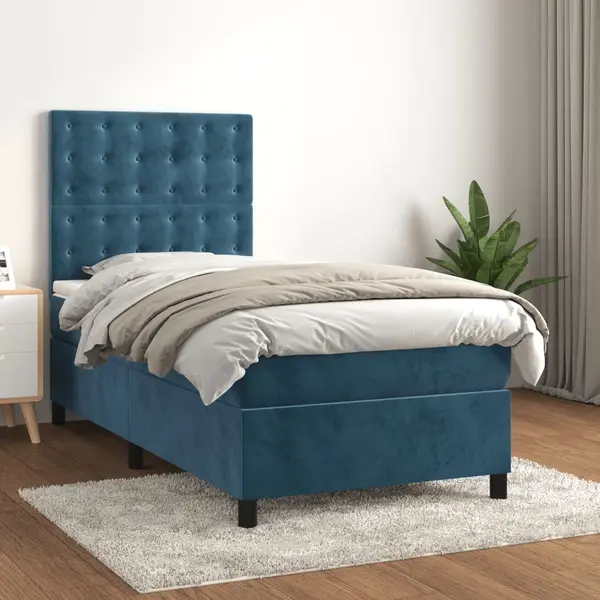 Gossi pat box spring cu saltea, albastru inchis, 100x200 cm, catifea