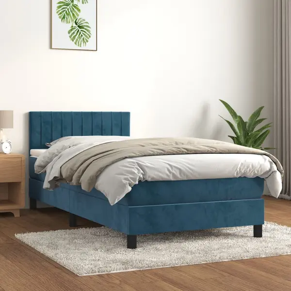 Gossi pat box spring cu saltea, albastru inchis, 100x200 cm, catifea