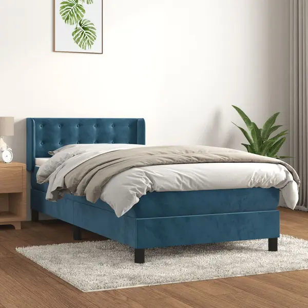 Gossi pat box spring cu saltea, albastru inchis, 100x200 cm, catifea