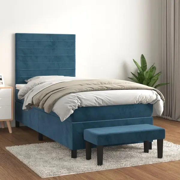 Gossi pat box spring cu saltea, albastru inchis, 100x200 cm, catifea