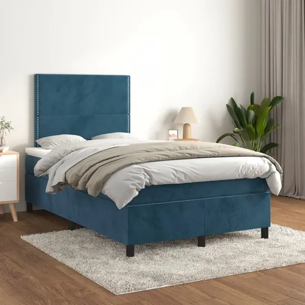 Gossi pat box spring cu saltea, albastru inchis, 120x200 cm, catifea