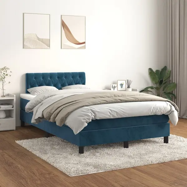 Gossi pat box spring cu saltea, albastru inchis, 120x200 cm, catifea