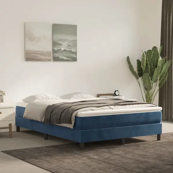 Gossi pat box spring cu saltea, albastru inchis, 140x190 cm, catifea