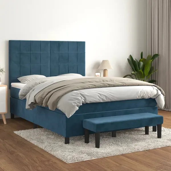 Gossi pat box spring cu saltea, albastru inchis, 140x190 cm, catifea