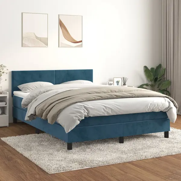 Gossi pat box spring cu saltea, albastru inchis, 140x190 cm, catifea