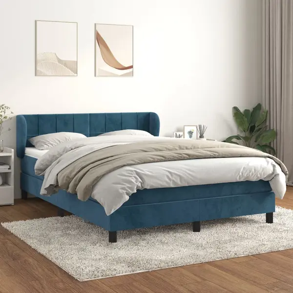 Gossi pat box spring cu saltea, albastru inchis, 140x190 cm, catifea