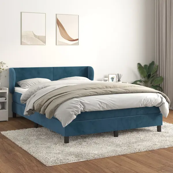 Gossi pat box spring cu saltea, albastru inchis, 140x190 cm, catifea