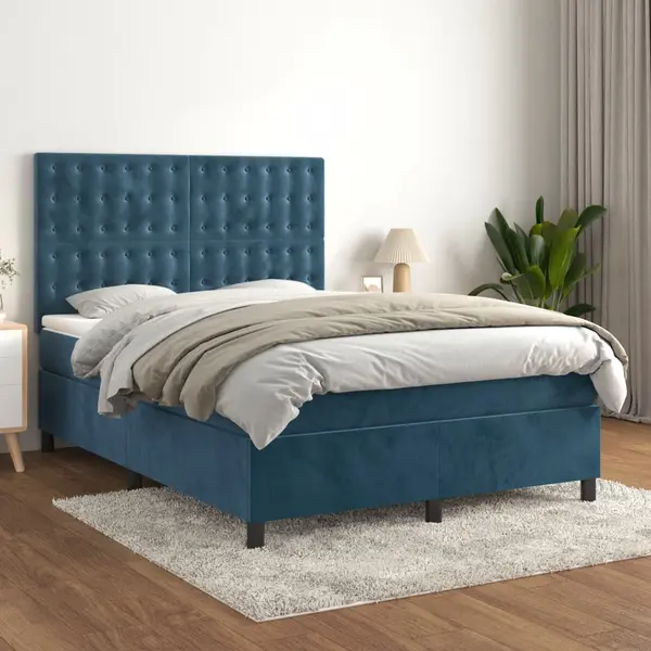 Gossi pat box spring cu saltea, albastru inchis, 140x200 cm, catifea