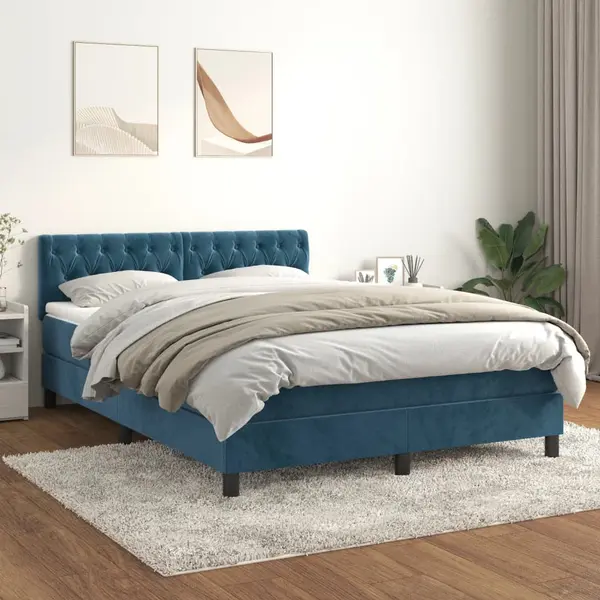Gossi pat box spring cu saltea, albastru inchis, 140x200 cm, catifea