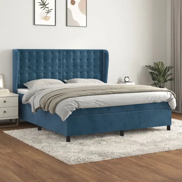 Gossi pat box spring cu saltea, albastru inchis, 160x200 cm, catifea