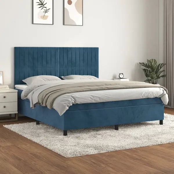 Gossi pat box spring cu saltea, albastru inchis, 160x200 cm, catifea