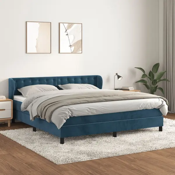 Gossi pat box spring cu saltea, albastru inchis, 180x200 cm, catifea
