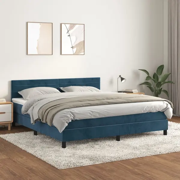 Gossi pat box spring cu saltea, albastru inchis, 180x200 cm, catifea