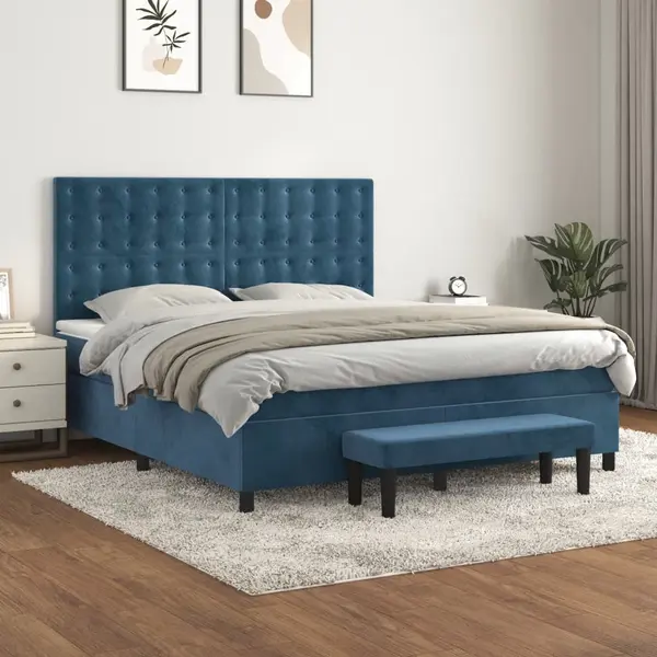 Gossi pat box spring cu saltea, albastru inchis, 180x200 cm, catifea