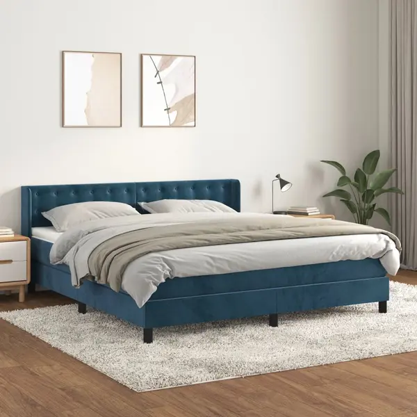 Gossi pat box spring cu saltea, albastru inchis, 180x200 cm, catifea