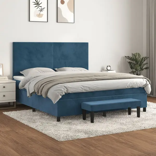 Gossi pat box spring cu saltea, albastru inchis, 180x200 cm, catifea