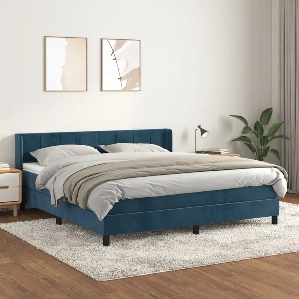 Gossi pat box spring cu saltea, albastru inchis, 180x200 cm, catifea