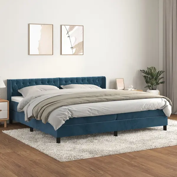 Gossi pat box spring cu saltea, albastru inchis, 200x200 cm, catifea
