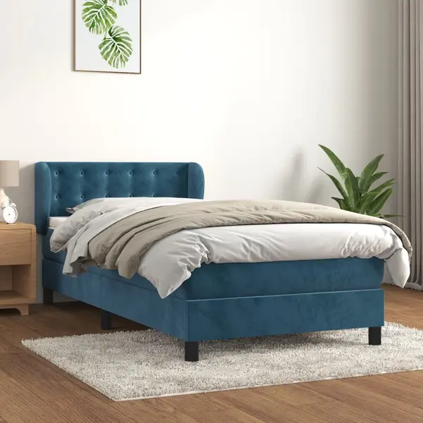 Gossi pat box spring cu saltea, albastru inchis, 80x200 cm, catifea