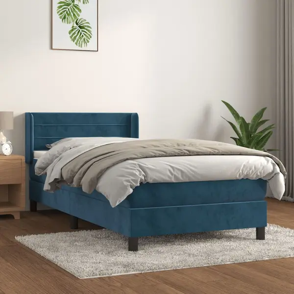 Gossi pat box spring cu saltea, albastru inchis, 80x200 cm, catifea